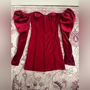 Elegant Red Velvet Dress with Puff Sleeves
